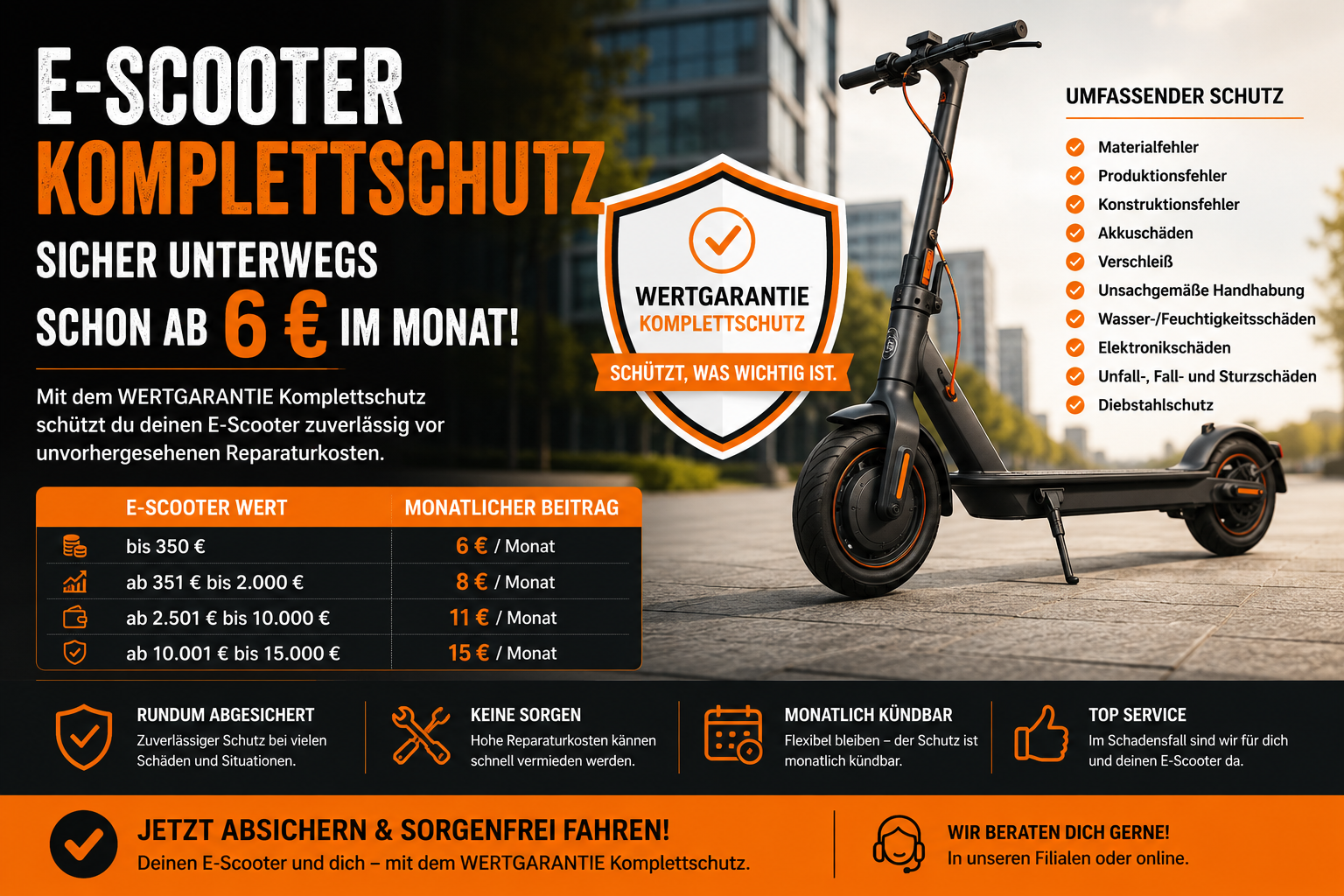 E-Scooter Komplettschutz Versicherung von WERTGARANTIE bei LUNA E-Scooter Wien