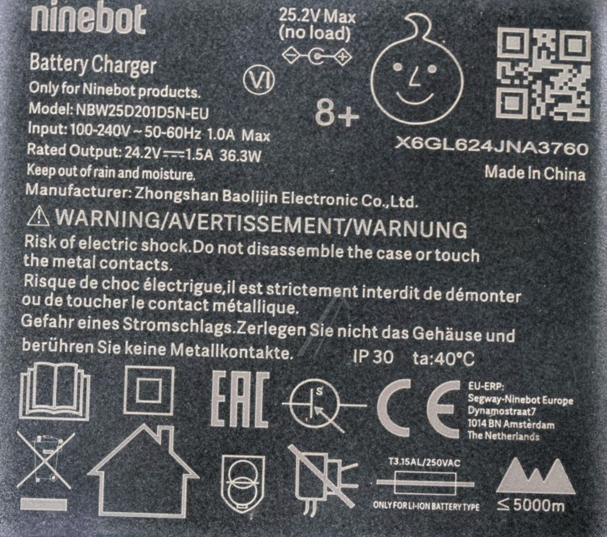Ninebot E2 Plus Netz Ladegerät 24,2V 1,5A 36,3W